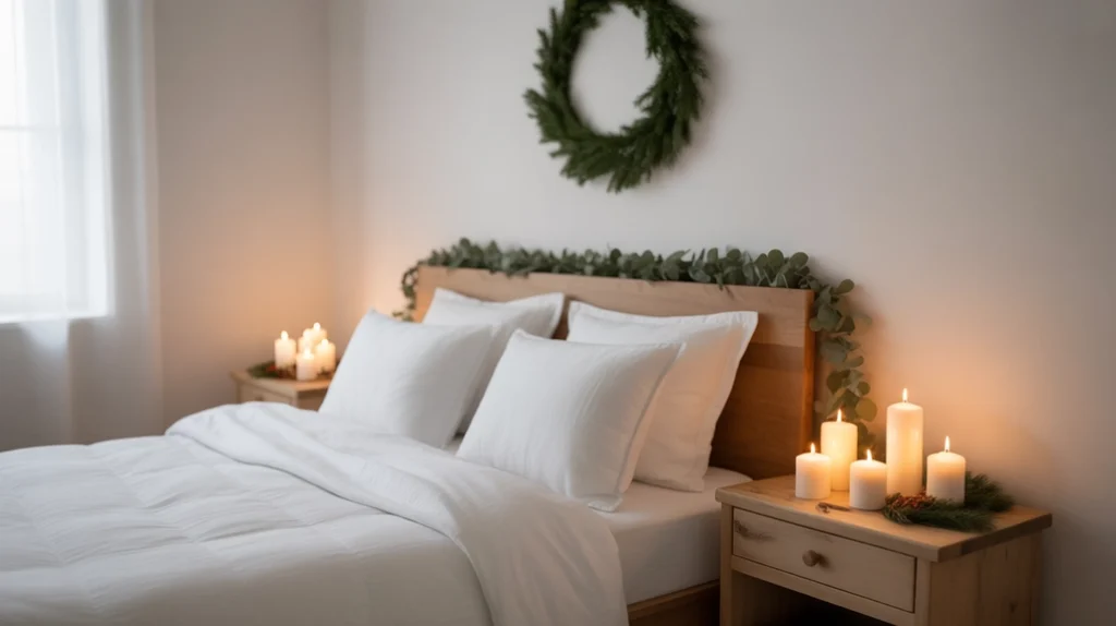 minimalist Christmas decor in neutral bedroom with candles, wood accents, and greenery