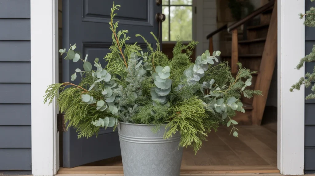 “Mixed Christmas greenery arrangement in a farmhouse entryway for rustic country decor”