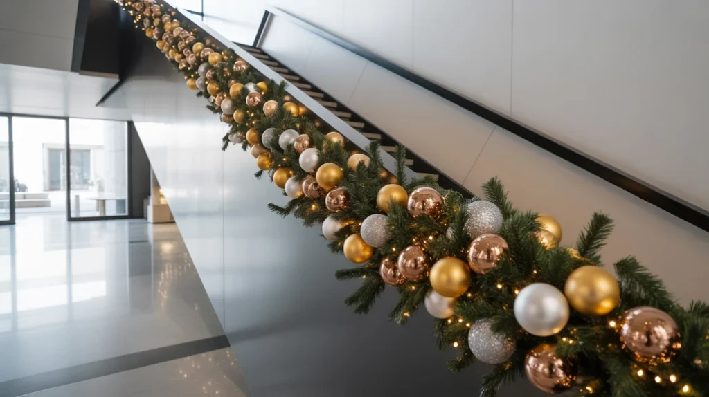 “Mixed metallic Christmas staircase decor with gold, silver, and champagne accents”