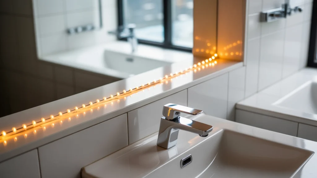 warm led light strip creating soft modern holiday glow in a clean bathroom