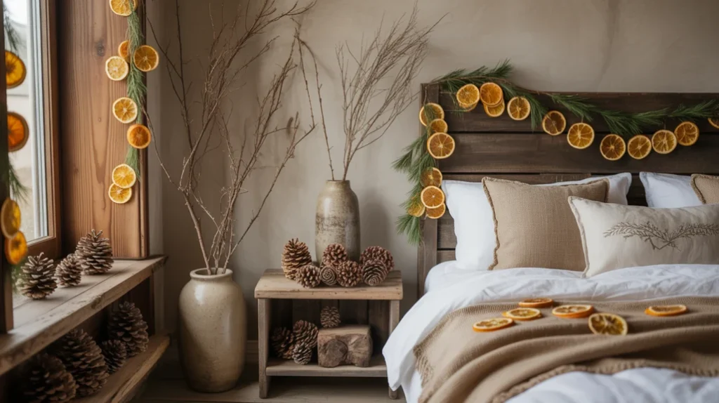pinecones and dried oranges used as natural christmas bedroom decorations for rustic style