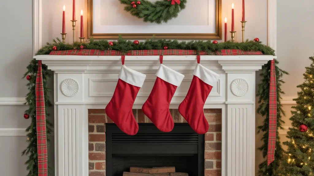 Christmas wreath centerpiece over fireplace mantel with candles