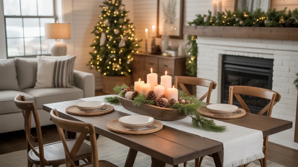 Rustic Christmas scents and candles on a wooden tray creating a cozy farmhouse holiday atmosphere.