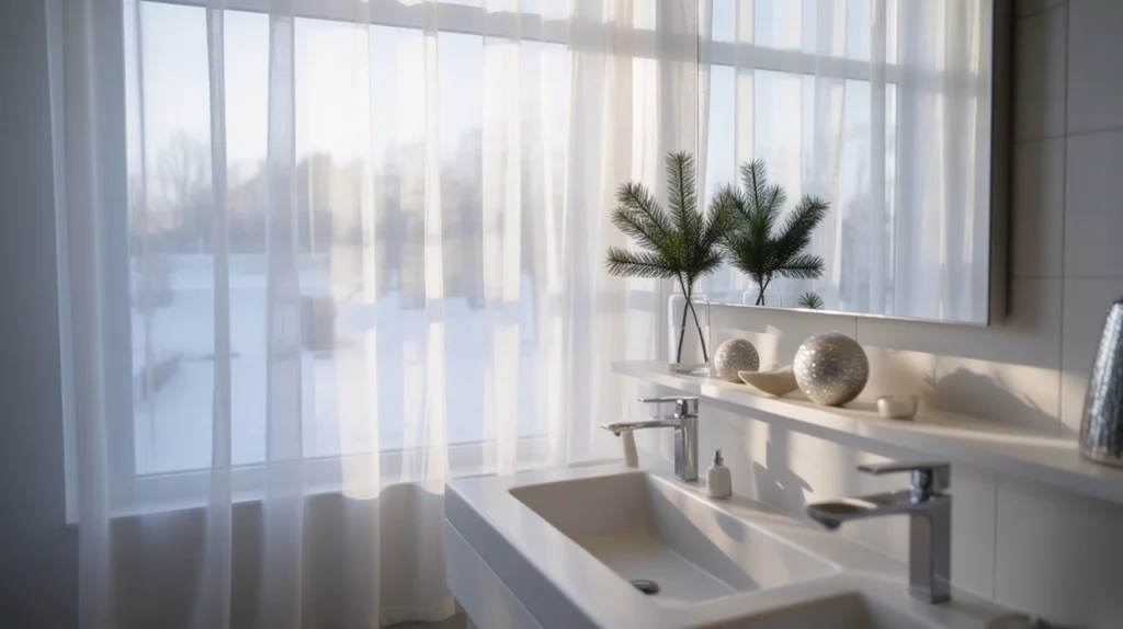 sheer neutral curtain letting in soft winter light in minimalist bathroom