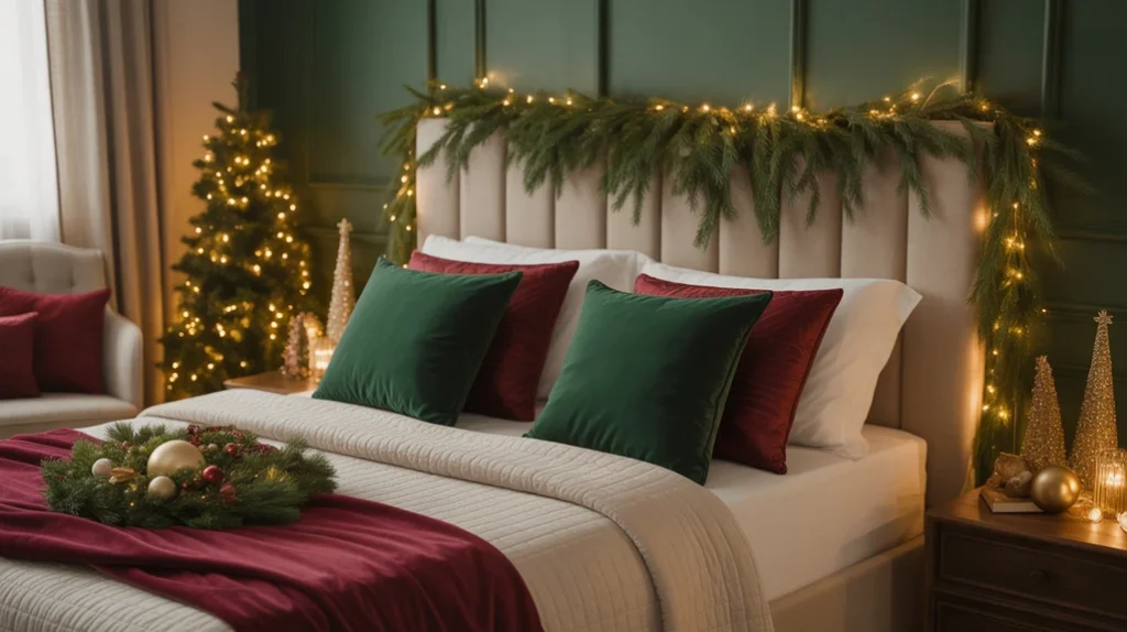 Themed Christmas bedroom decor with coordinated color palette