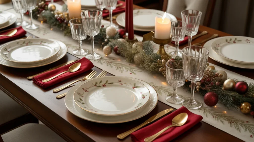 Themed Christmas dinnerware with subtle winter patterns and coordinated table décor