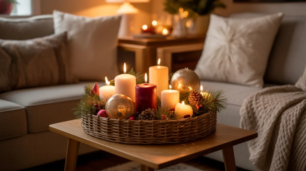 Alt: Woven tray with candles and greenery — organized cozy Christmas decor in small apartment.