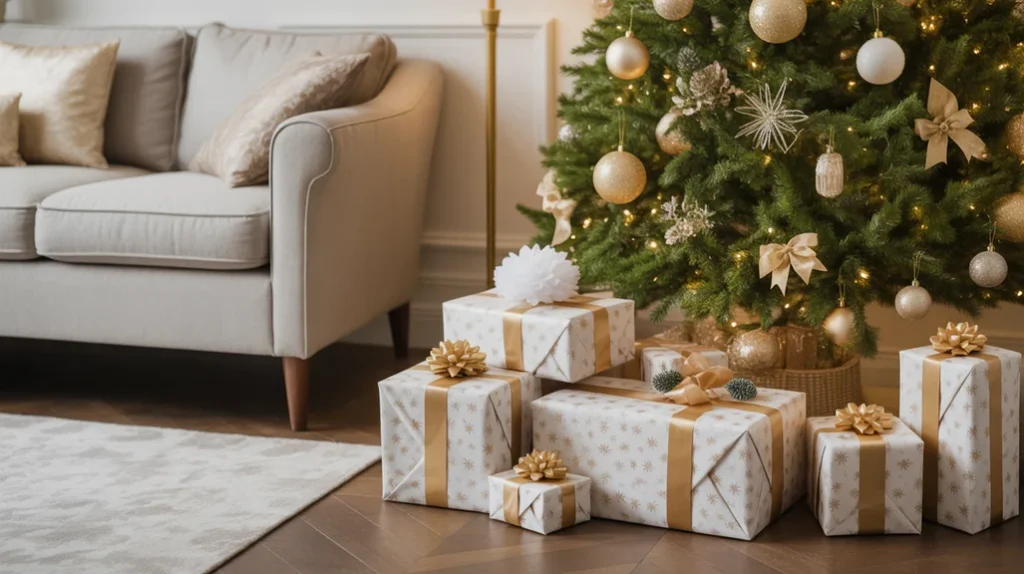 White and gold gift wrapping with satin ribbons and bows placed under a Christmas tree in a luxury living room