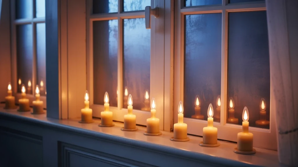 “Window candles glowing softly in a warm Christmas entryway setup”