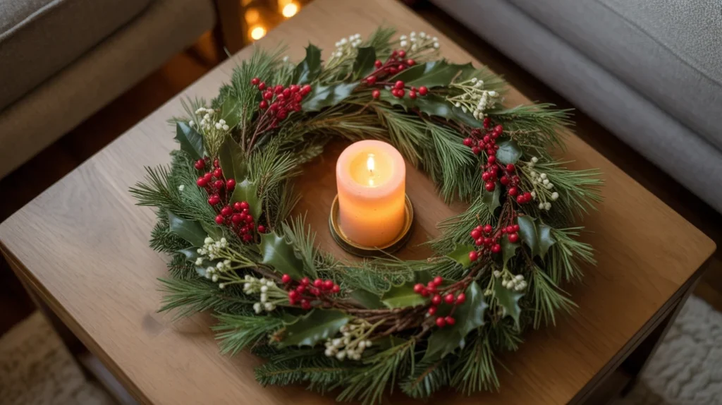 “Christmas wreath centerpiece on coffee table with candle and red berry accents”