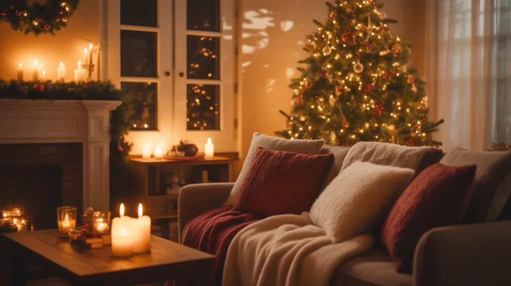 Peaceful Christmas night living room with candlelight and soft music creating cozy festive ambience
