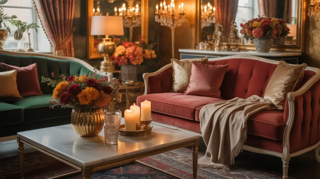 : “Coffee table styling ideas with vintage and glam decor touches.”