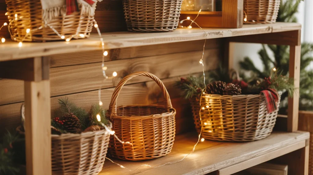 Rustic wood decor with fairy lights for farmhouse-style Christmas living room