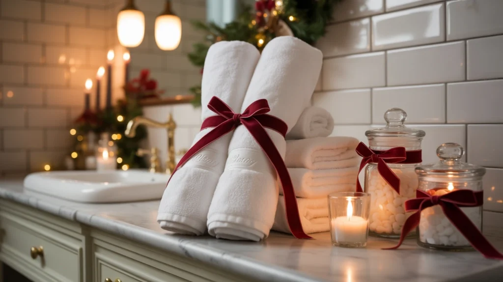 Christmas ribbon tied around towels and jars adding simple holiday color