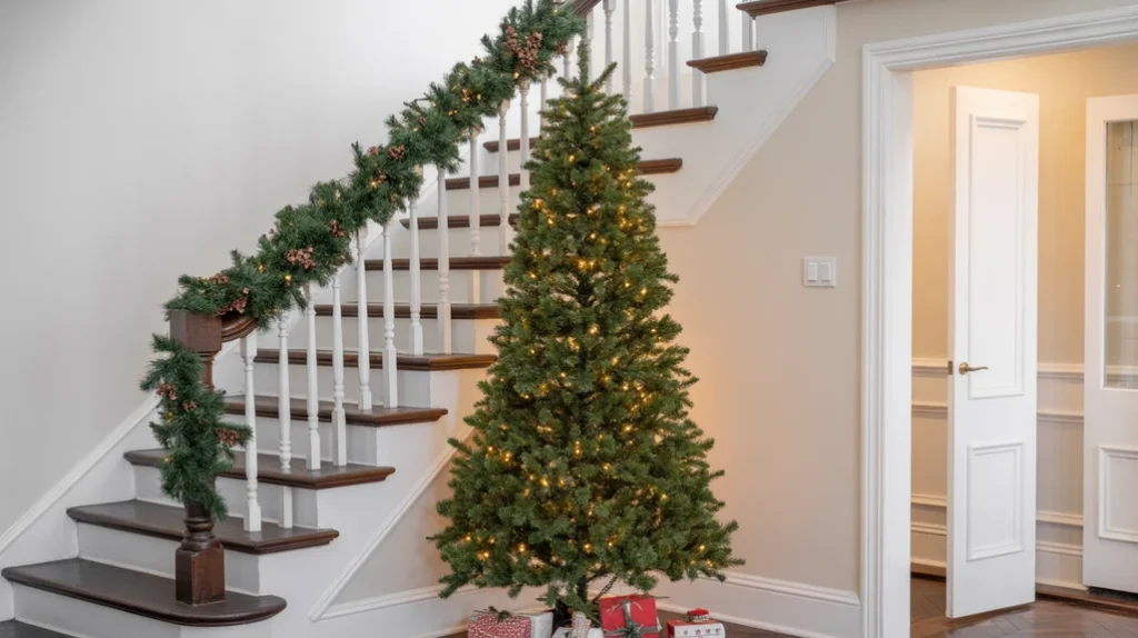 “Christmas tree placed beside staircase styled with matching garland and lights”