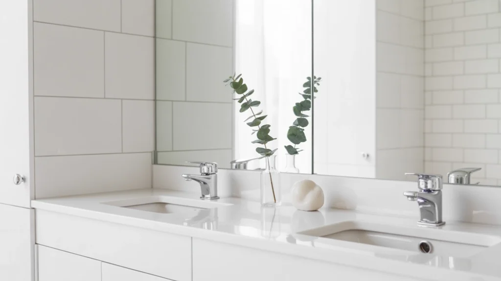 clean bathroom vanity with one simple holiday accent for modern minimalist christmas style