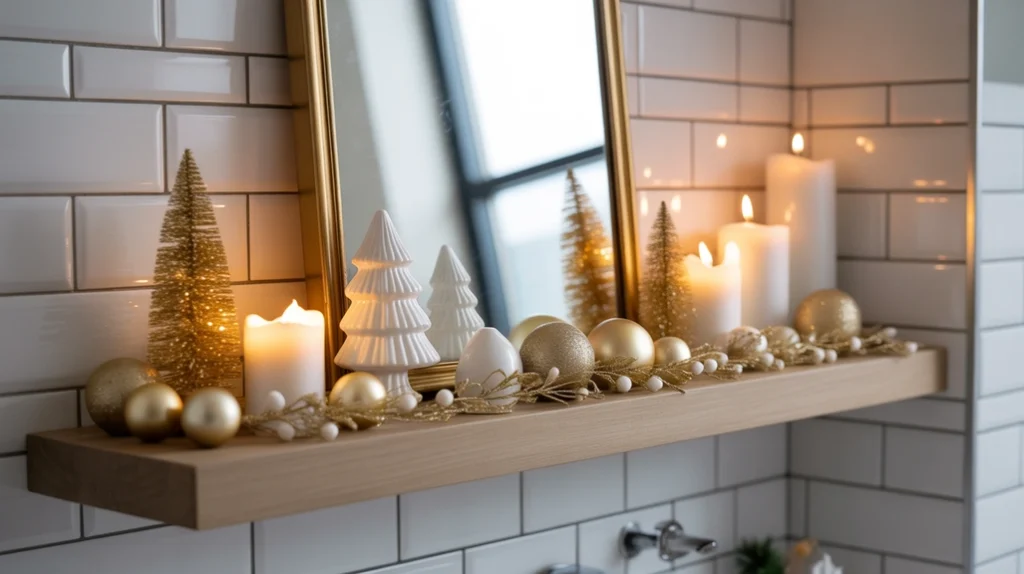 bathroom shelf decorated with a cohesive Christmas color theme in gold, white, or green