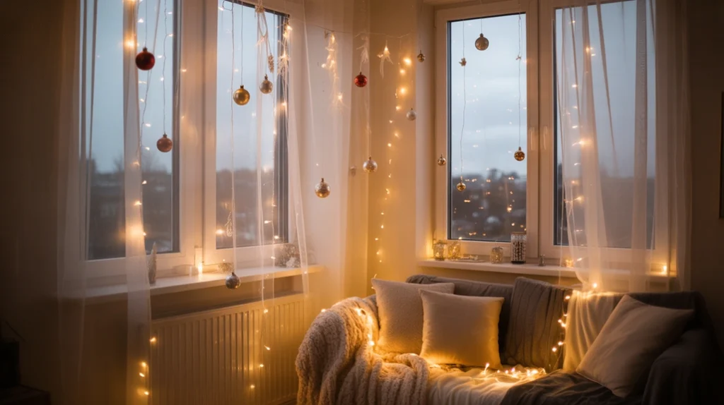 Sheer curtains with hanging ornaments and warm fairy lights in a festive apartment living room.