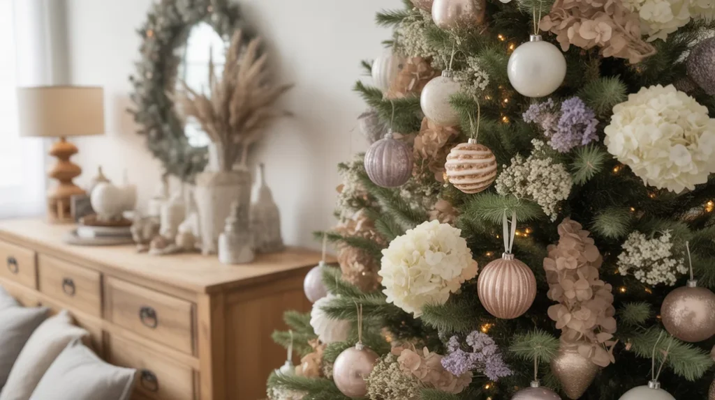 Farmhouse tree decorated with dried florals like hydrangeas and lavender for organic holiday beauty.