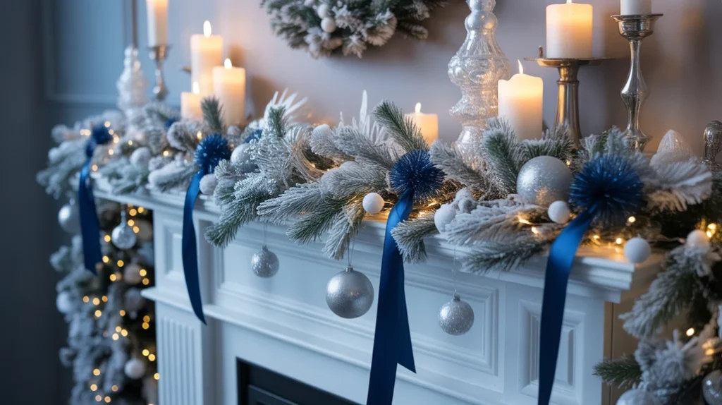 Nutcracker and festive figurines on fireplace mantel for Christmas charm