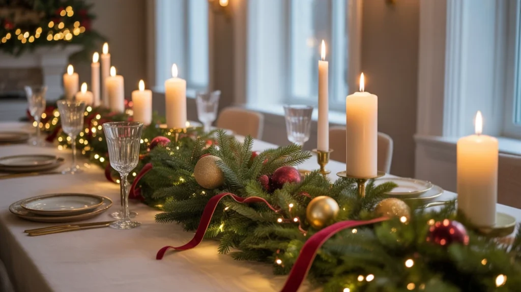 Greenery garland centerpiece with candles and ornaments on a winter dining table