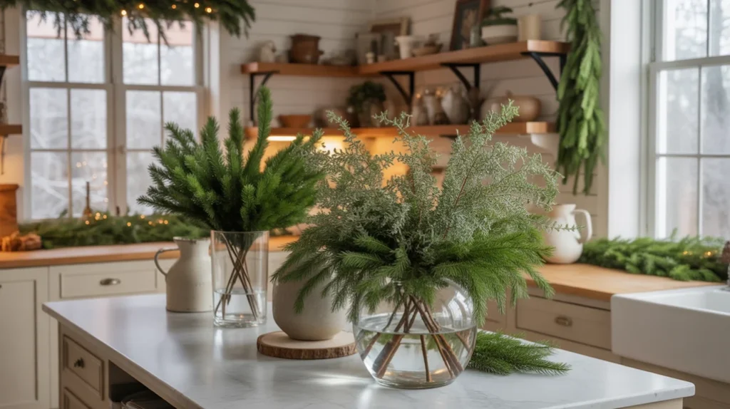 Greenery and eucalyptus arrangements in rustic Christmas kitchen decor