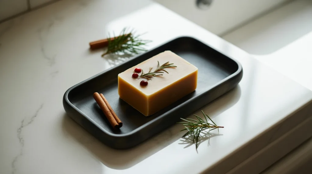 modern soap tray featuring winter-scented bar soap in a minimalist bathroom