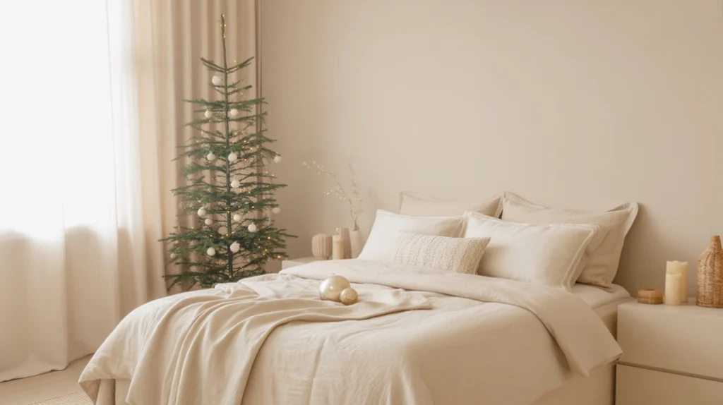 minimalist christmas bedroom decor in beige and white tones with elegant holiday feel