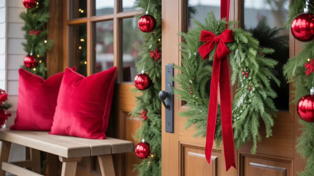 “Red holiday accents paired with greenery in a classic Christmas entryway”