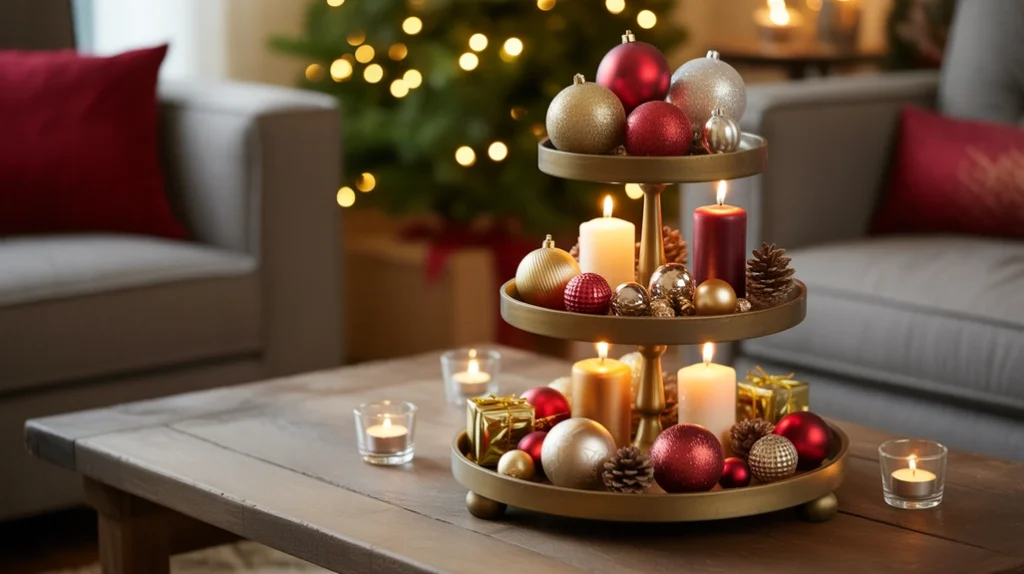 “tiered stand with ornaments and candles for festive holiday coffee table decor”