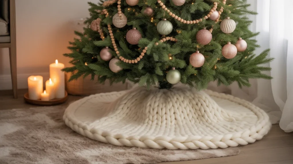 elegant holiday living room with champagne gold ornaments and simple wreaths