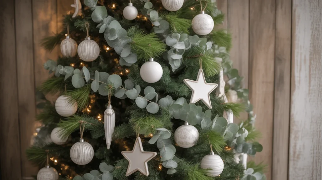 Rustic farmhouse Christmas tree decorated with natural greenery and pinecones