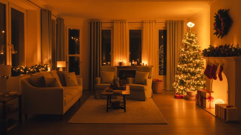 Smart LED lighting system creating adjustable warm Christmas living room ambiance