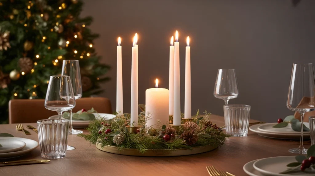 Mixed candle cluster Christmas centerpiece with soft candlelight and greenery
