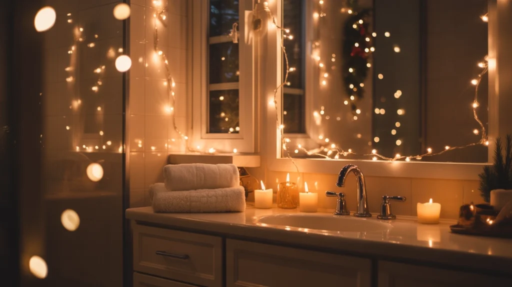 Warm Christmas-themed night light glowing softly in the bathroom at night