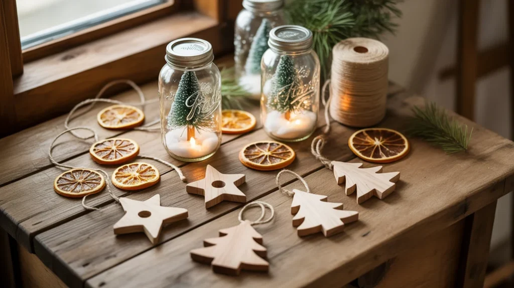 Cozy rustic farmhouse reading corner decorated for Christmas with candles and a small festive tree.
