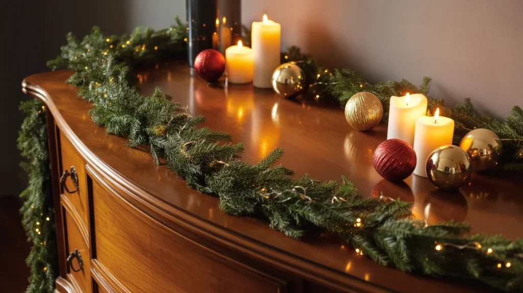 christmas garland and fairy lights decorating bedroom dresser and vanity for festive touch