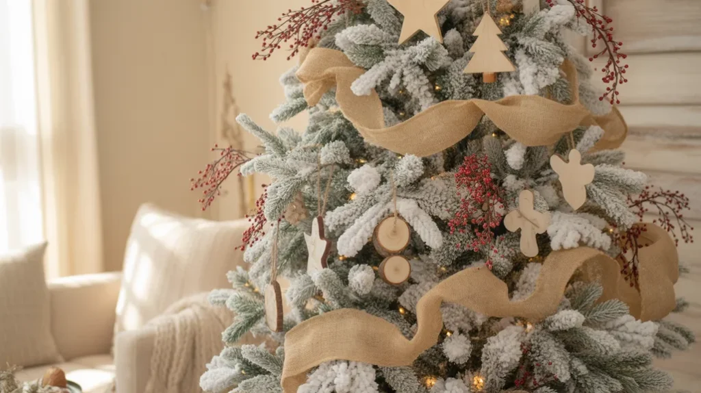 Snow-kissed flocked farmhouse Christmas tree glowing with soft lights and wooden accents.
