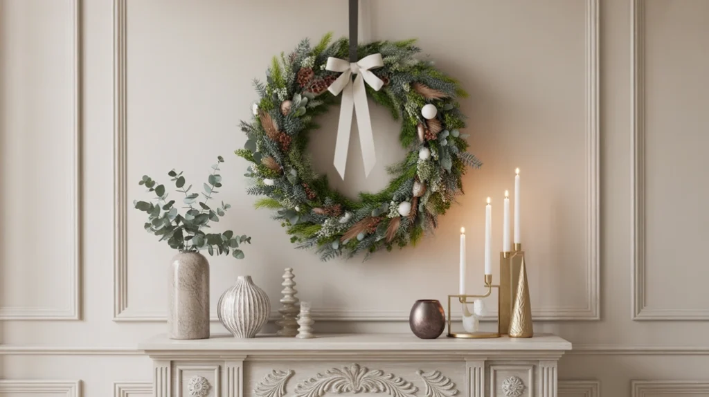 “Indoor Christmas wreath styled above a console for a festive entry hall”