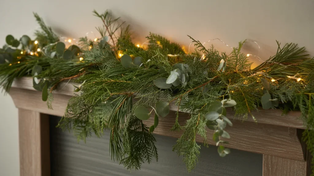 Cozy Christmas fireplace decor with blankets and soft textures