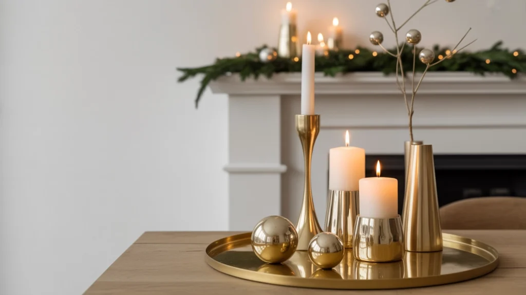 Metallic gold and silver accents enhancing cozy small apartment Christmas decor.