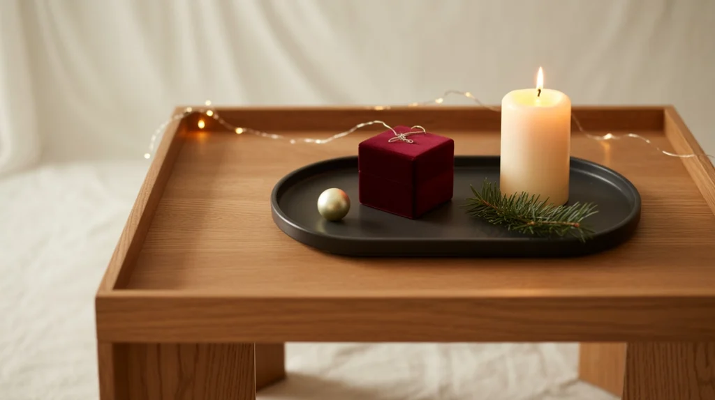 “modern Christmas coffee table decor blending minimal and cozy festive styling”