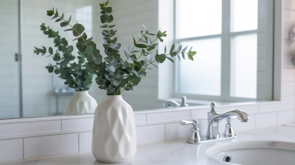 simple vase with pine and eucalyptus stems adding fresh christmas greenery to a modern bathroom