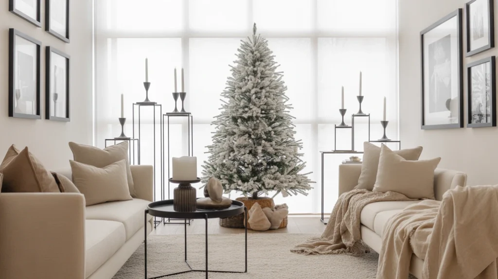 calm neutral Christmas interior with muted tones and natural textures