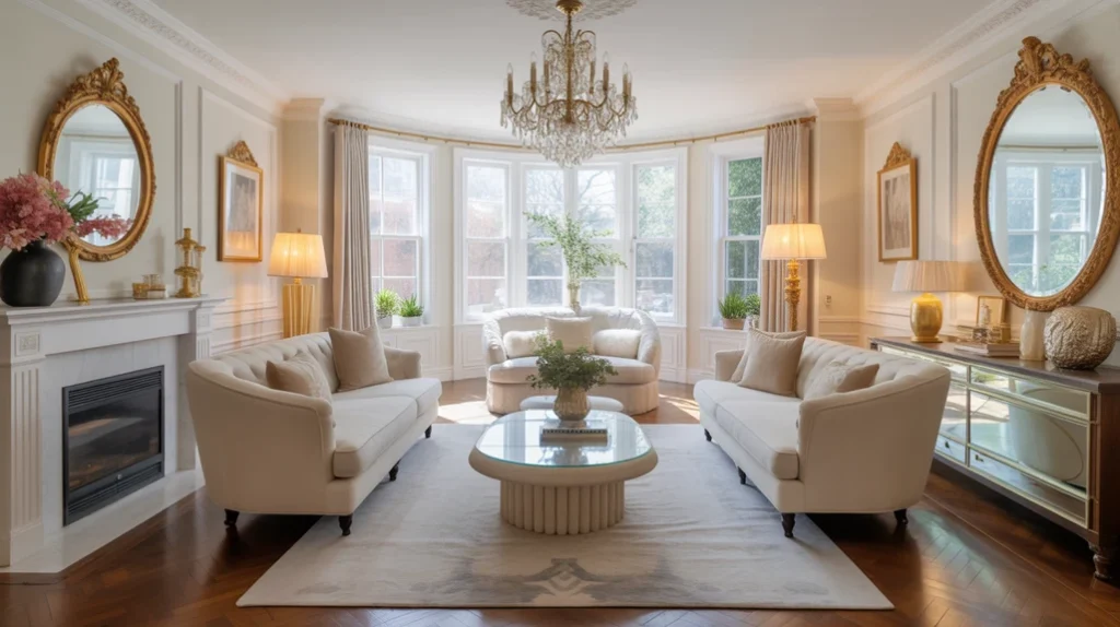 “Complete glam living room aesthetic with elegant furniture and lighting.”