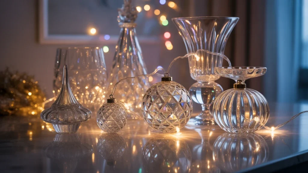 Crystal and glass decor reflecting warm Christmas living room lights for elegant glow