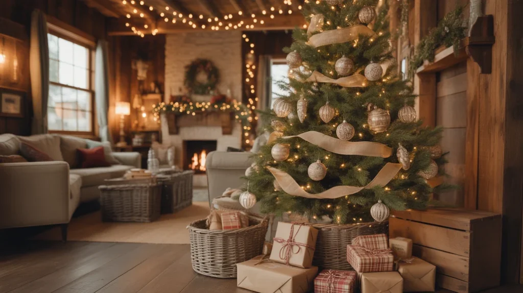 Beautiful farmhouse Christmas tree styled in a cozy living room setup