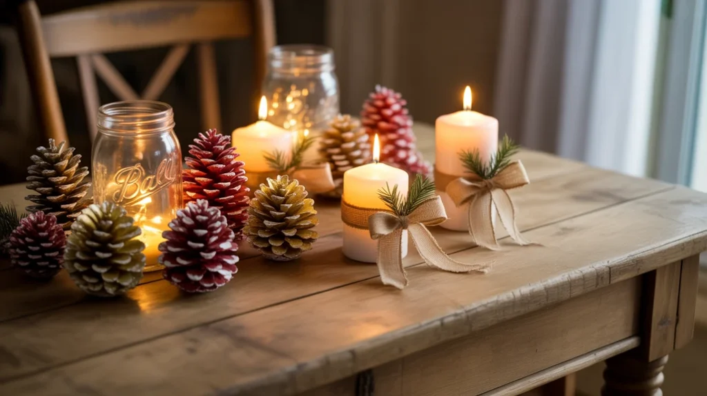 “DIY Christmas coffee table decorations with mason jars, painted pinecones, and candles”