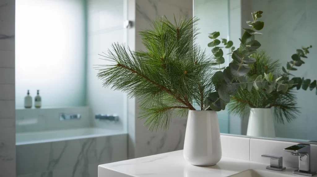 Fresh pine and eucalyptus greenery in a vase creating a natural Christmas bathroom look
