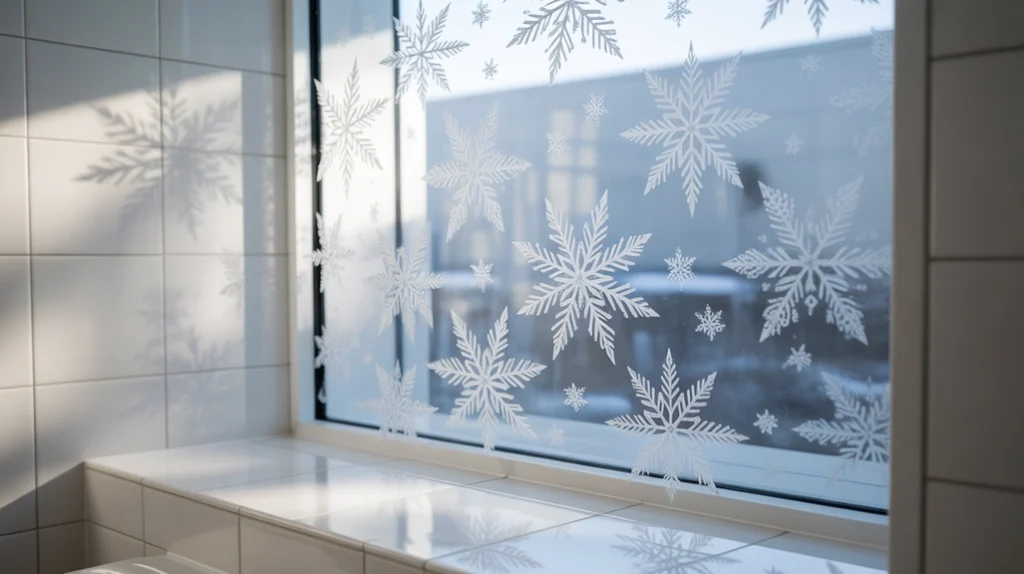 frosted winter window clings creating subtle seasonal texture on a clean bathroom window